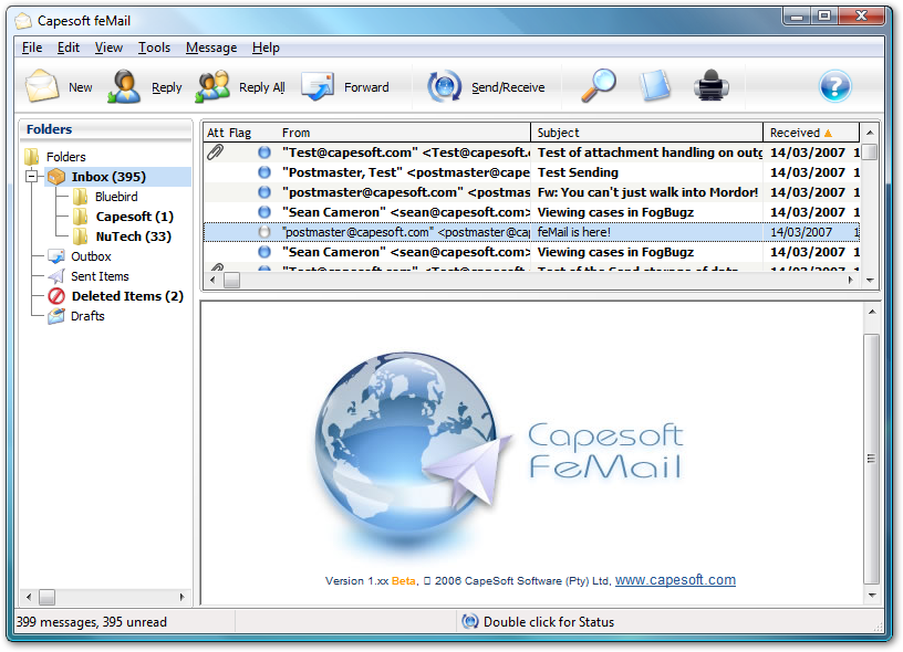 feMail main screen