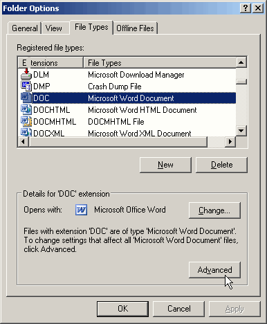 Folder options Word File Type screenshot