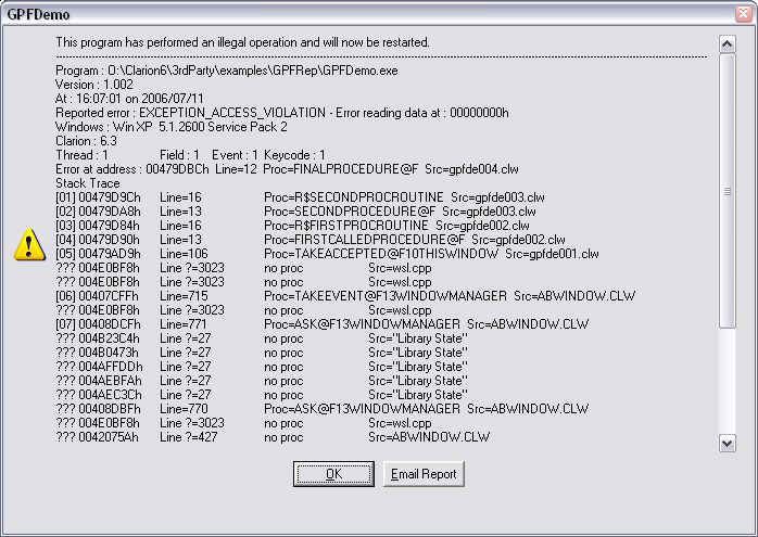 GPFReport Message screenshot