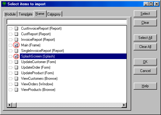 Main - select items to import