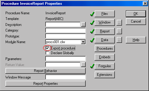 Procs - Procedure InvoiceReport Properties