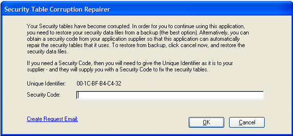 Security Table Corruption Repairer Message screenshot