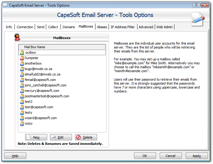 Tools Options Mail boxes screenshot