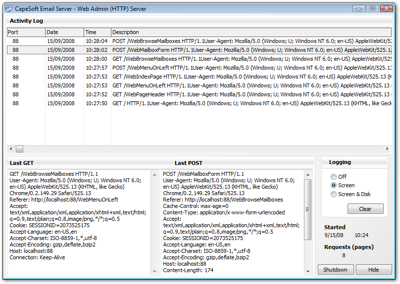 Web Admin Server Window screenshot