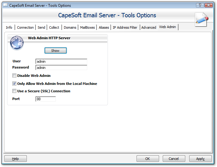 Tools Options Web Admin screenshot